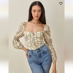 Reformation Cera Top- Cream Floral Puff Sleeve Blouse